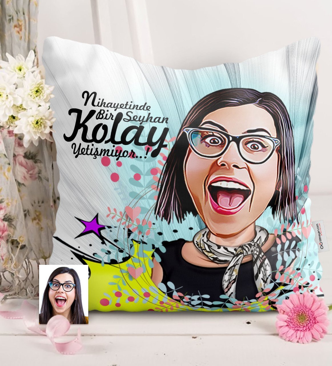 Kişiye Özel Bayan Karikatürlü Saten Yastık - 8