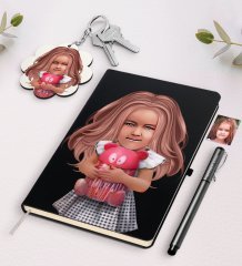 Kişiye Özel Kız Çocuk İllüstrasyon Tasarımlı Siyah Defter Kalem Ve Anahtarlık Hediye Seti-1
