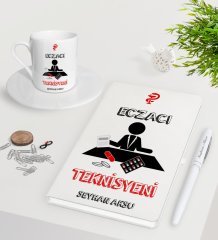 Kişiye Özel Eczacı Teknisyeni Beyaz Defter Kalem Türk Kahvesi Fincanı Seti-3