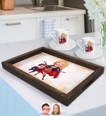 Kişiye Özel Süper Anne ve Çocuk Karikatürlü Doğal Ahşap Tepsi ve 2’li Kahve Fincan Seti-1