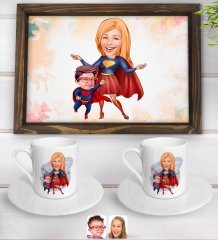Kişiye Özel Süper Anne ve Çocuk Karikatürlü Doğal Ahşap Tepsi ve 2’li Kahve Fincan Seti-1