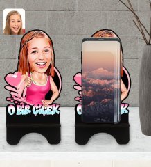 Kişiye Özel Kadınlar Günü Karikatürlü Ahşap Biblo Telefon Standı-4