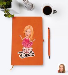 Kişiye Özel Kadın Doğum Günü Karikatürlü Turuncu Termo Deri Defter Kalem Seti Model 1