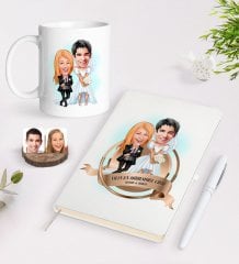 Kişiye Özel Yılın En Mükemmel Çifti Karikatürlü Beyaz Defter Kalem ve Kupa Seti-16