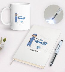 Kişiye Özel Hemşir Tasarımlı Defter Kupa ve Dokunmatik Işıklı Kalem Seti-1