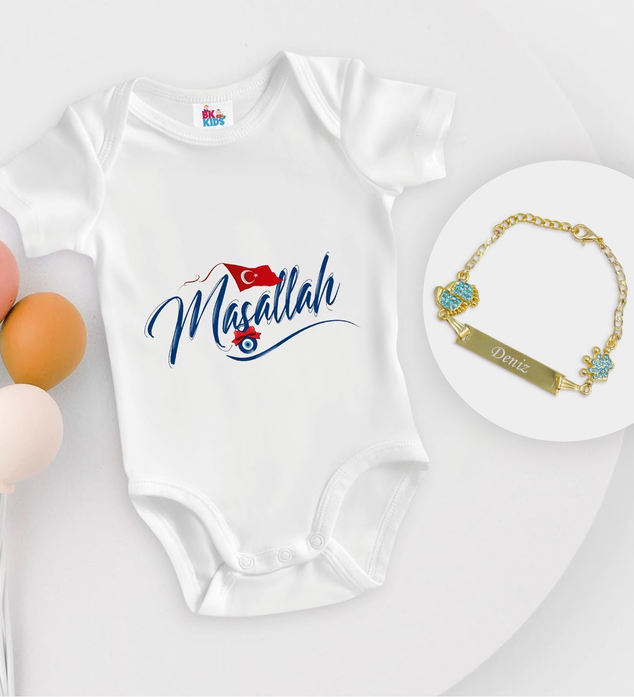 BK Kids Kişiye Özel Maşallah Tasarımlı Beyaz Bebek Body Zıbın ve Erkek Bebek Künyesi Hediye Seti-3