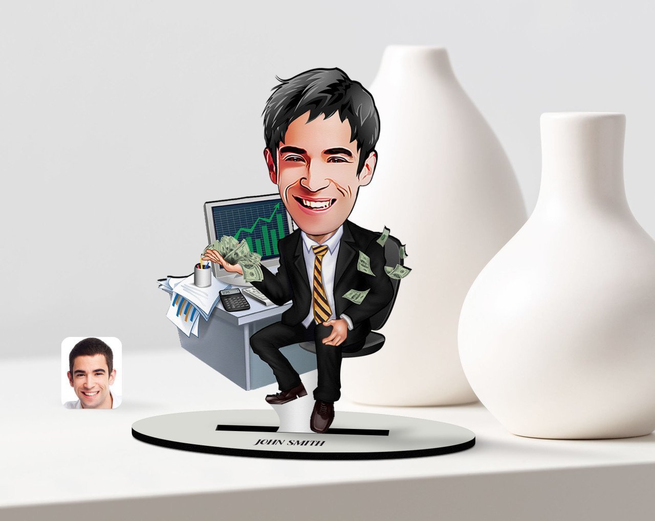 Kişiye Özel Erkek Bankacı Karikatürlü Ahşap Biblo Model-3
