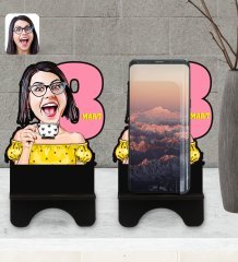 Kişiye Özel Kadınlar Günü Karikatürlü Ahşap Biblo Telefon Standı-3