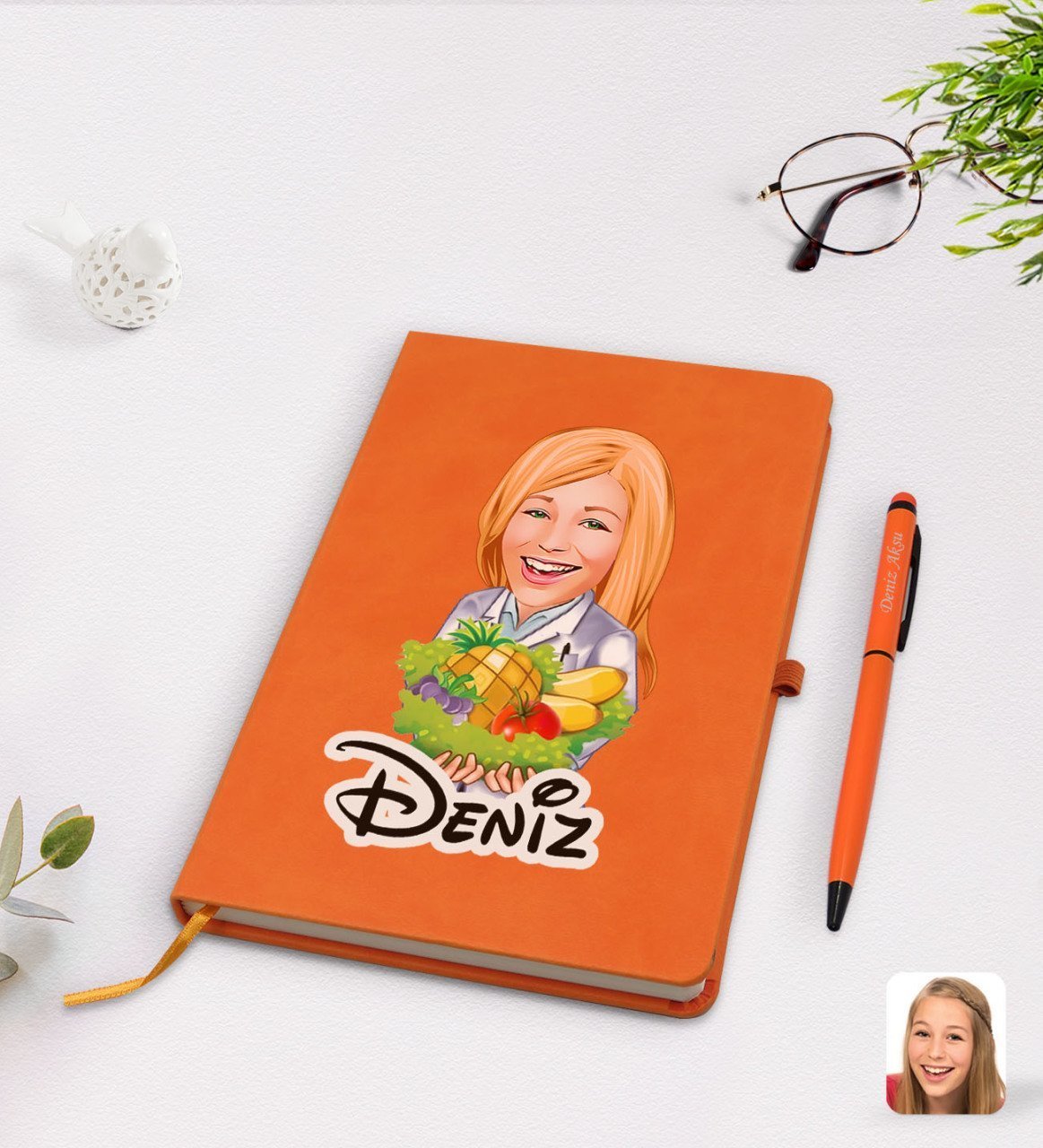 Kişiye Özel Kadın Diyetisyen Karikatürlü Turuncu Termo Deri Defter Kalem Seti Model 1