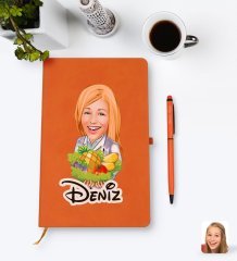 Kişiye Özel Kadın Diyetisyen Karikatürlü Turuncu Termo Deri Defter Kalem Seti Model 1