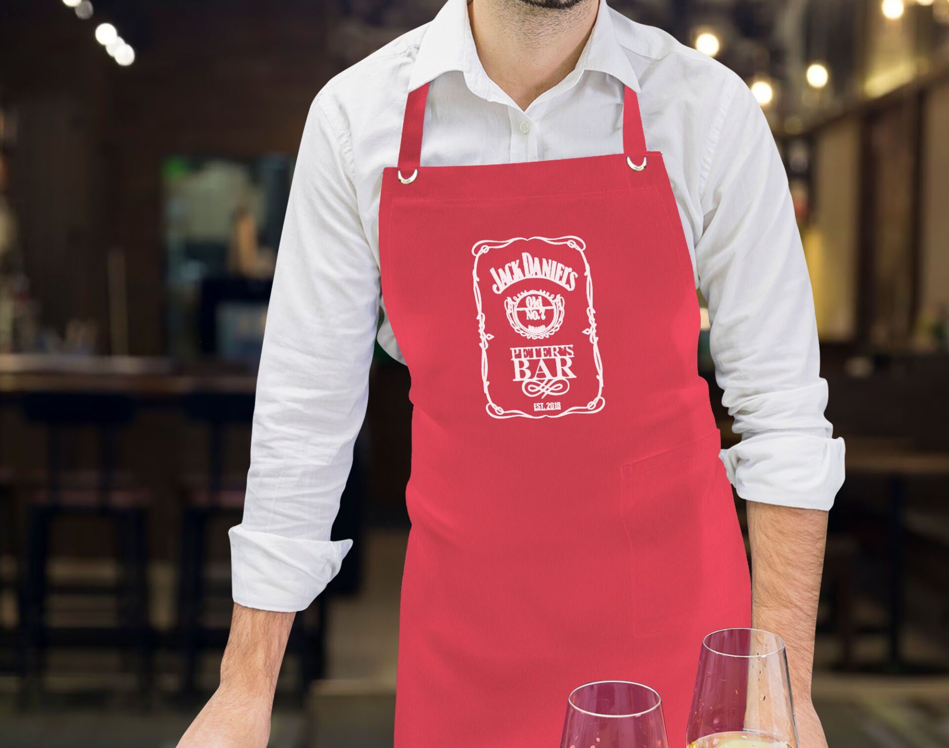BK Gift Kişiye Özel İsimli Tarihli Bar Tasarımlı Profesyonel Kırmızı Mutfak Önlüğü, Aşçı Önlüğü, Şef Önlüğü, Arkadaşa Hediye-9