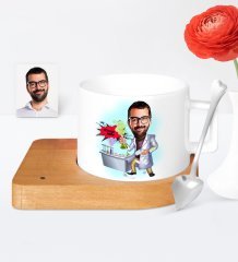 Kişiye Özel Kimya Mühendisi Karikatür Ahşap Altlıklı Seramik Fincan - 1