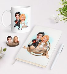 Kişiye Özel Yılın En Mükemmel Çifti Karikatürlü Beyaz Defter Kalem ve Kupa Seti-15