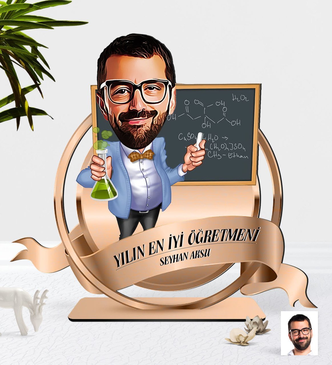 Kişiye Özel Yılın En İyi Erkek Öğretmeni Karikatürlü 3D Ahşap Biblo Plaket-4