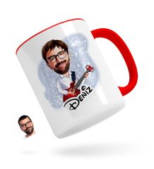 Kişiye Özel Erkek Gitarist Karikatürlü Kırmızı Kupa Bardak-2