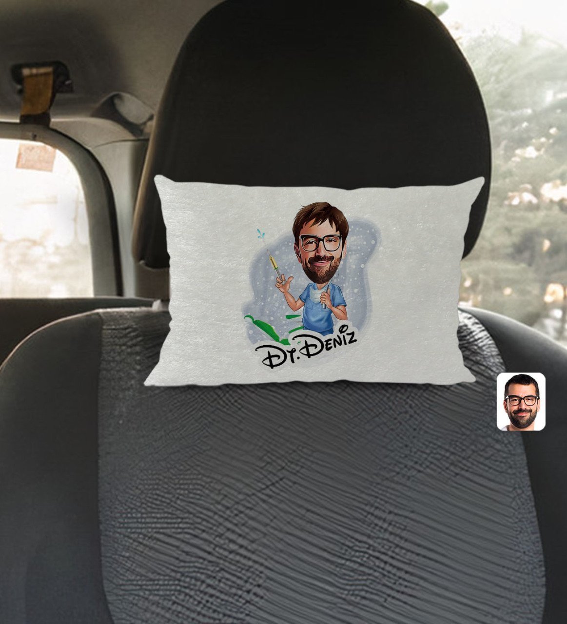 Kişiye Özel İsimli Erkek Diş Hekimi Karikatürlü Dikdörtgen Araç Koltuk Yastığı-4