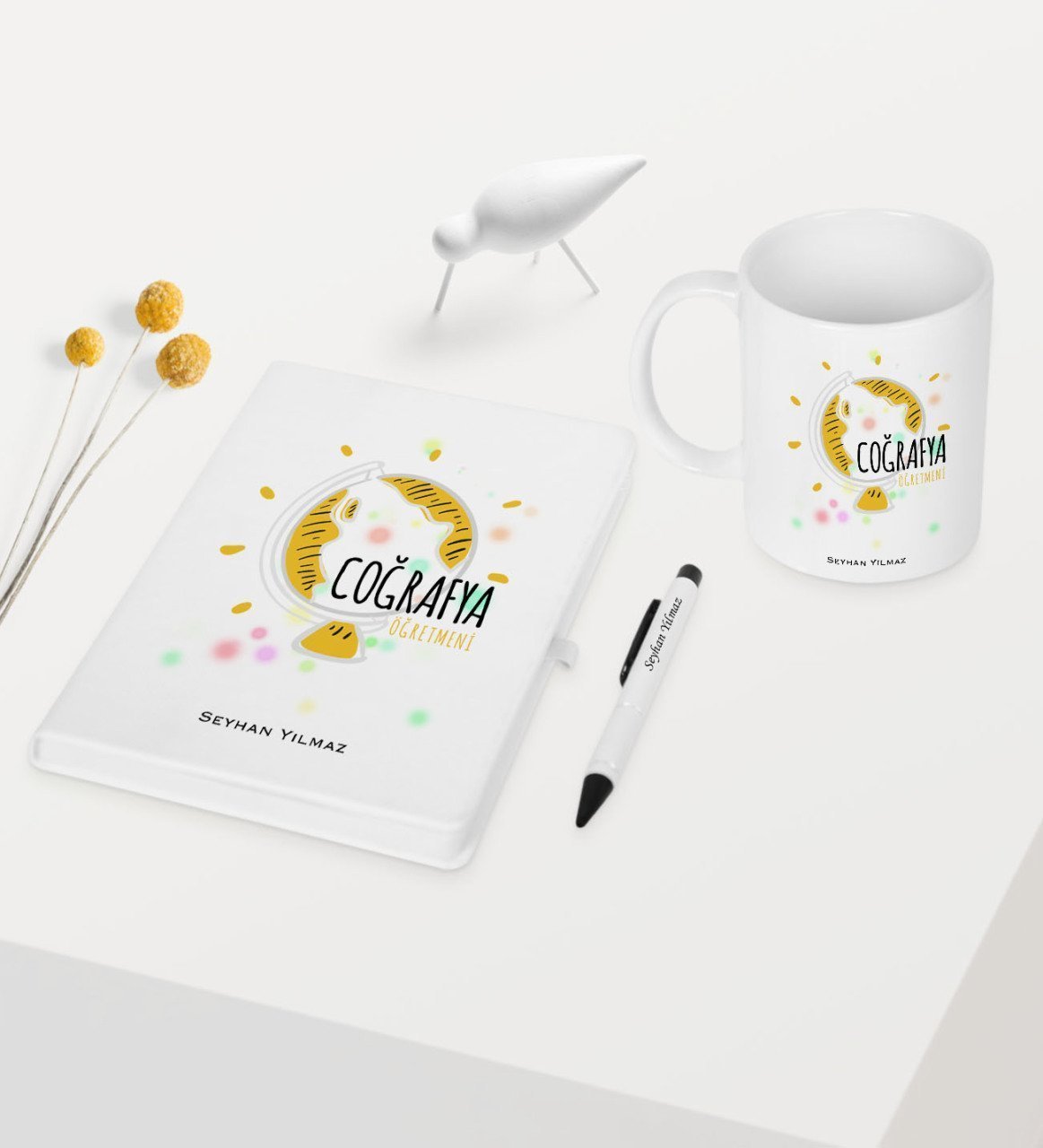 Kişiye Özel Coğrafya Öğretmeni Temalı Beyaz Defter Kalem Kupa Seti - 3