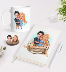 Kişiye Özel Yılın En Mükemmel Çifti Karikatürlü Beyaz Defter Kalem ve Kupa Seti-14