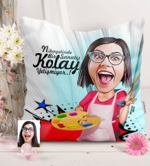 Kişiye Özel Bayan Ressam Karikatürlü Saten Yastık - 1