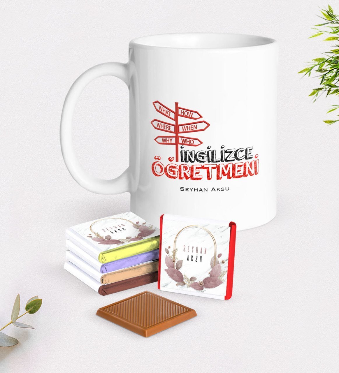 Kişiye Özel İngilizce Öğretmeni Beyaz Kupa ve Çikolata Hediye Seti-1