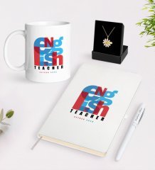 Kişiye Özel İngilizce Öğretmeni Beyaz Kupa Defter Kalem ve İsimli Papatya Kolye Hediye Seti-10