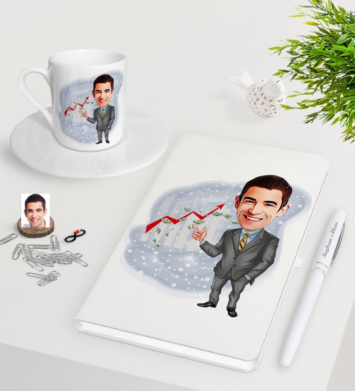 Kişiye Özel Erkek Patron Karikatürlü Beyaz Defter Kalem Türk Kahvesi Fincanı Seti-4