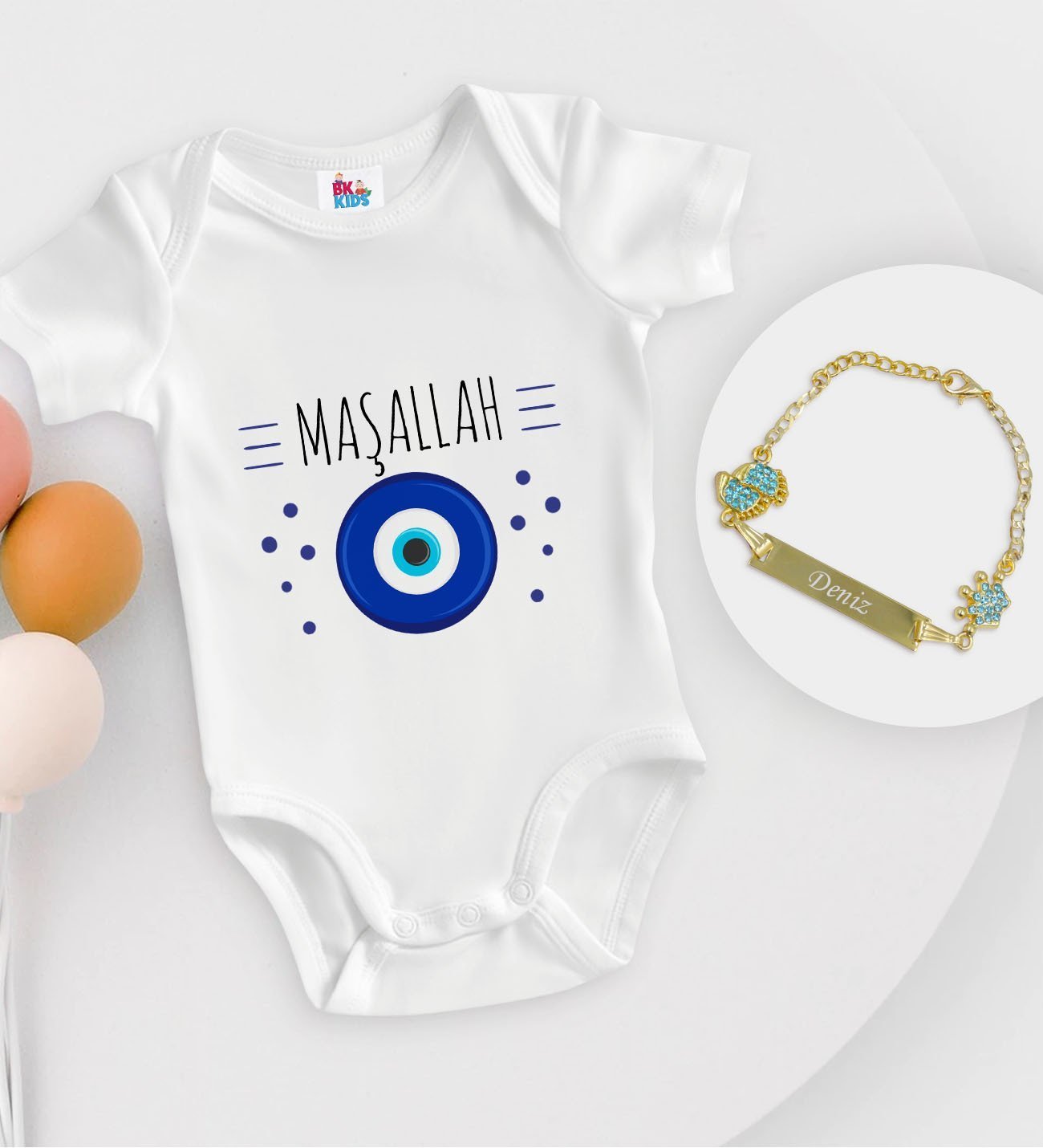 BK Kids Kişiye Özel Maşallah Tasarımlı Beyaz Bebek Body Zıbın ve Erkek Bebek Künyesi Hediye Seti-1