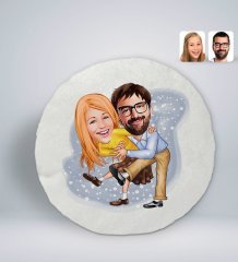 Kişiye Özel Sevgililer Karikatürlü Yuvarlak Dekoratif Kırlent Yastık-102
