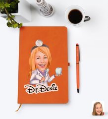 Kişiye Özel Kadın Diş Hekimi Karikatürlü Turuncu Termo Deri Defter Kalem Seti Model 1