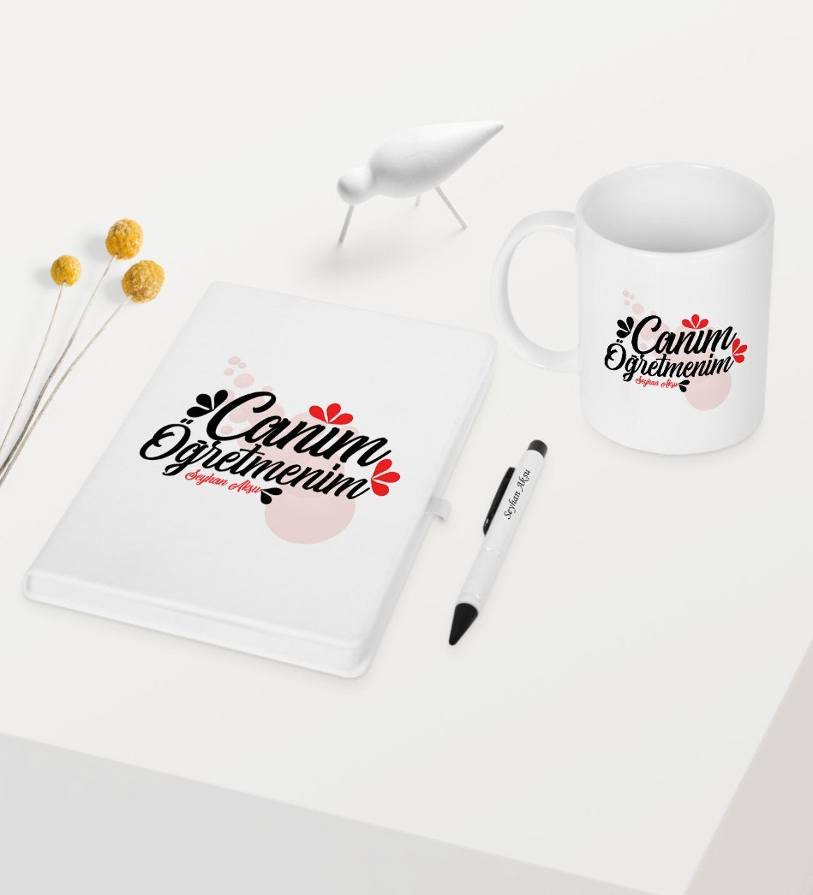 Kişiye Özel Canım Öğretmenim Temalı Beyaz Defter Kalem Kupa Seti - 4