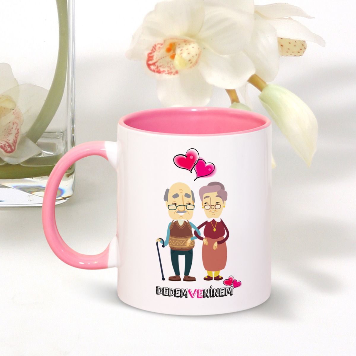 Kişiye Özel Dedem ve Ninem Pembe Kupa Bardak