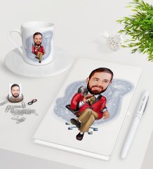 Kişiye Özel Erkek Patron Karikatürlü Beyaz Defter Kalem Türk Kahvesi Fincanı Seti-2