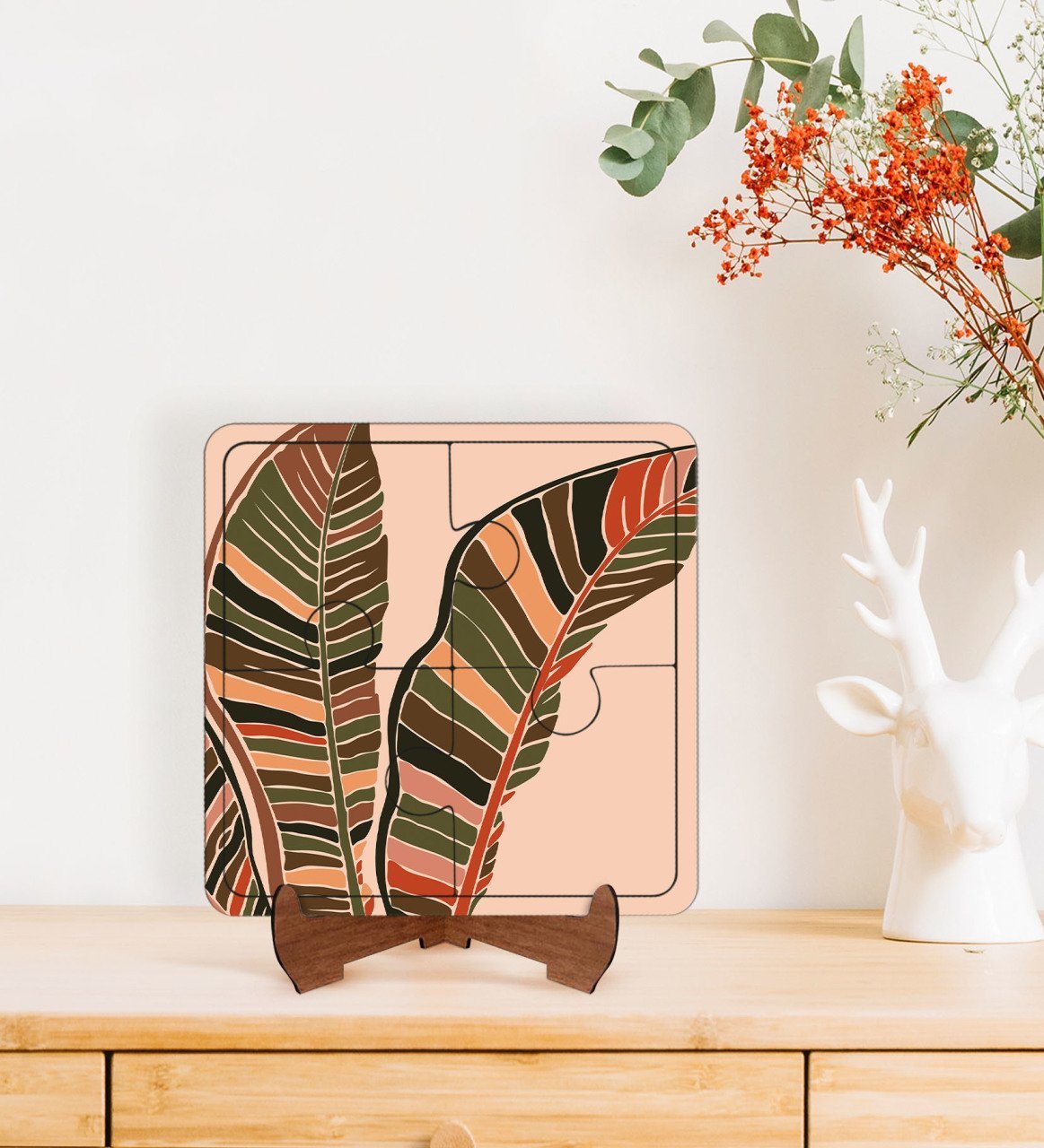 BK Gift Yapraklar Tasarımlı Ahşap Standlı Puzzle Çerçeve-1