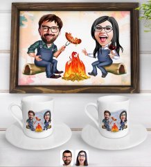 Kişiye Özel Sevgililer Karikatürlü Doğal Ahşap Tepsi ve 2’li Kahve Fincan Seti-95