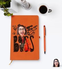 Kişiye Özel Kadın Big Boss Karikatürlü Turuncu Termo Deri Defter Kalem Seti Model 3