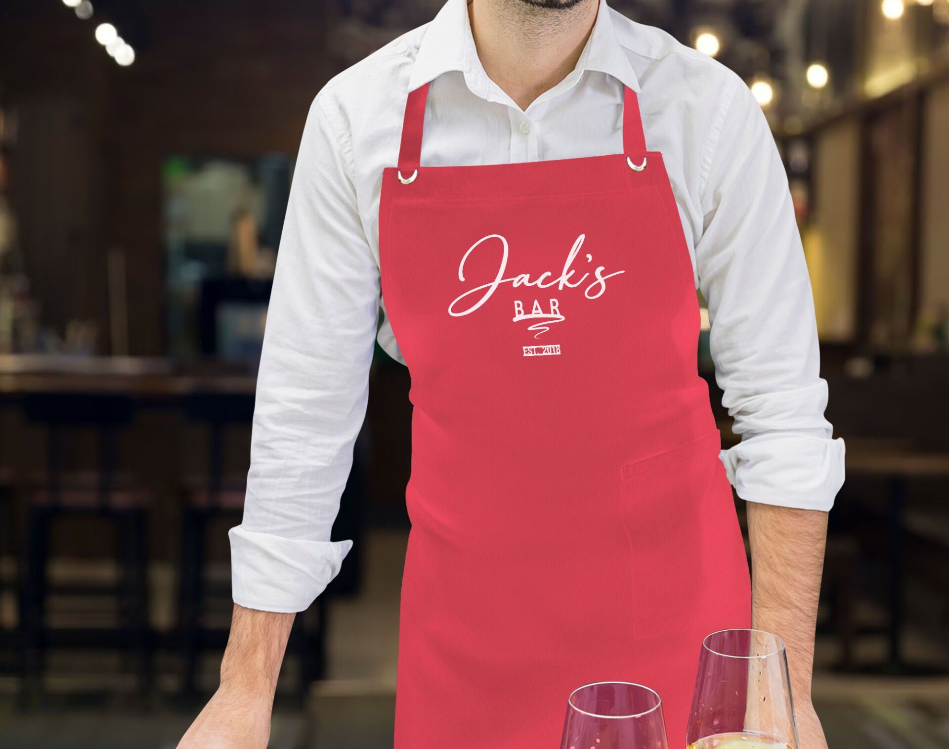 BK Gift Kişiye Özel İsimli Tarihli Bar Tasarımlı Profesyonel Kırmızı Mutfak Önlüğü, Aşçı Önlüğü, Şef Önlüğü, Arkadaşa Hediye-6