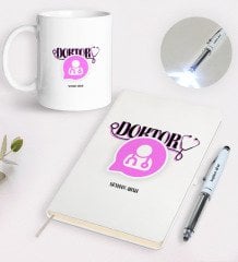 Kişiye Özel Doktor Tasarımlı Defter Kupa ve Dokunmatik Işıklı Kalem Seti-12