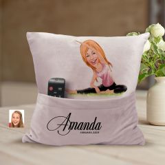 BK Gift Kişiye Özel Yoga Karikatür Tasarımlı Organizer Kumanda ve Atıştırmalık Cepli Pembe Kırlent Yastık-1 Arkadaşa Hediye, Cepli Yastık