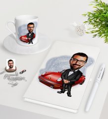 Kişiye Özel Erkek Patron Karikatürlü Beyaz Defter Kalem Türk Kahvesi Fincanı Seti-1