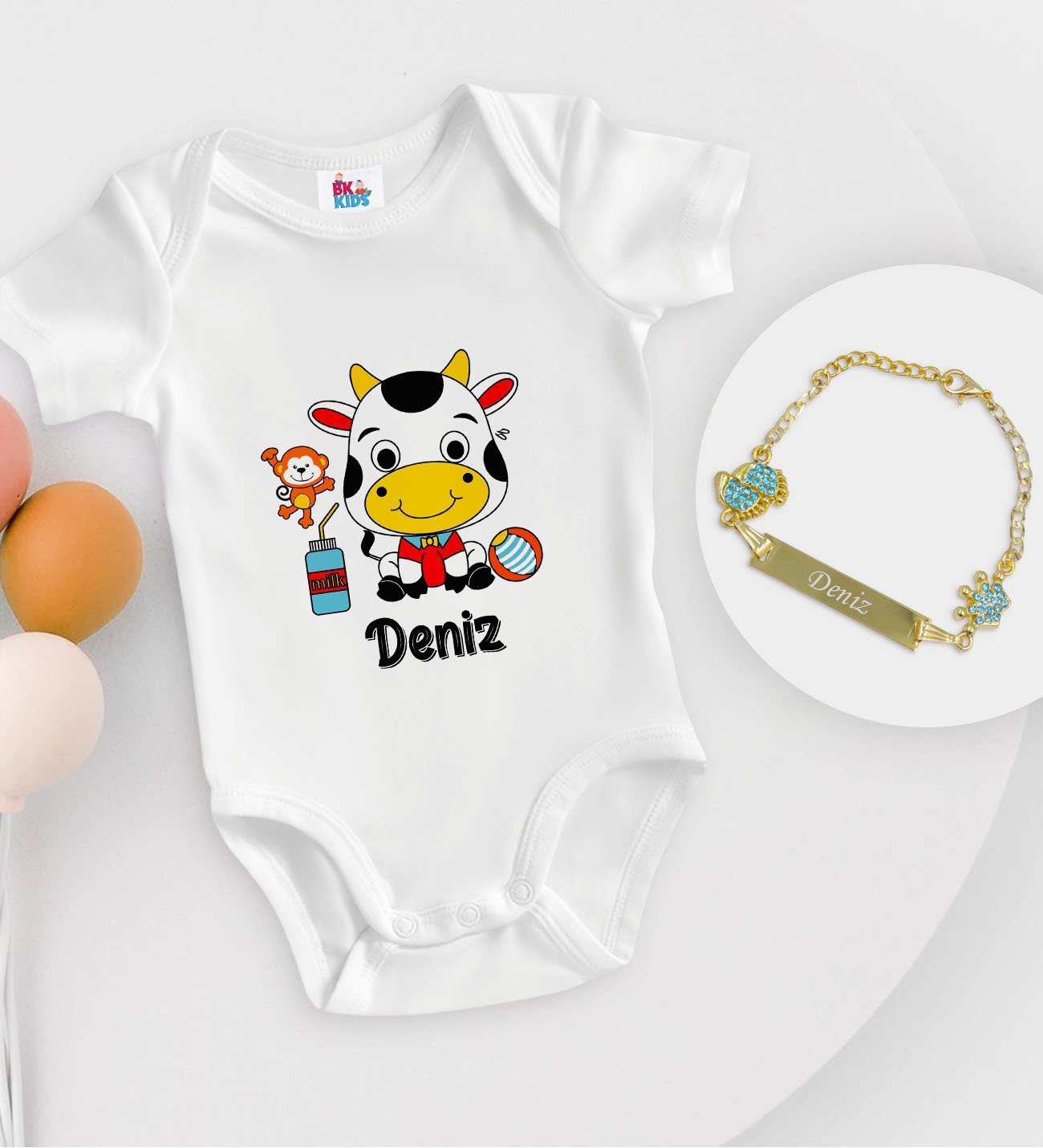 BK Kids Kişiye Özel İsimli Beyaz Bebek Body Zıbın ve Erkek Bebek Künyesi Hediye Seti-31