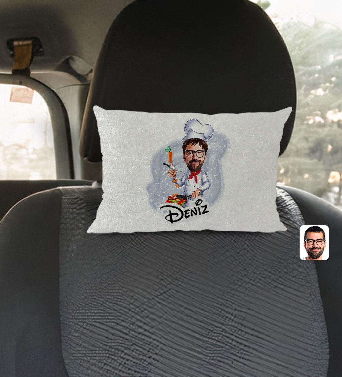 Kişiye Özel İsimli Erkek Chef Karikatürlü Dikdörtgen Araç Koltuk Yastığı-1