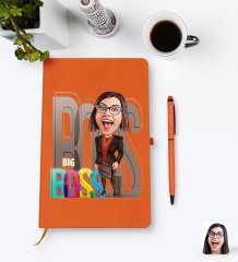 Kişiye Özel Kadın Big Boss Karikatürlü Turuncu Termo Deri Defter Kalem Seti Model 1