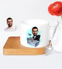 Kişiye Özel Genel Müdür Karikatür Ahşap Altlıklı Seramik Fincan - 2