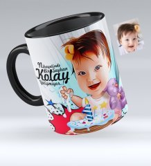Kişiye Özel Bebek Doğum Günü Karikatürlü Siyah Kupa Bardak - 2