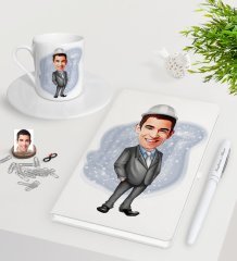 Kişiye Özel Erkek Mühendis Karikatürlü Beyaz Defter Kalem Türk Kahvesi Fincanı Seti