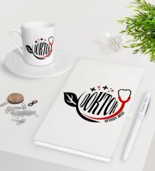 Kişiye Özel Doktor Beyaz Defter Kalem Türk Kahvesi Fincanı Seti-10