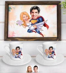 Kişiye Özel Sevgililer Karikatürlü Doğal Ahşap Tepsi ve 2’li Kahve Fincan Seti-92
