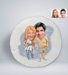 Kişiye Özel Sevgililer Karikatürlü Yuvarlak Dekoratif Kırlent Yastık-98