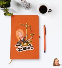 Kişiye Özel Kadın Avukat Karikatürlü Turuncu Termo Deri Defter Kalem Seti Model 4