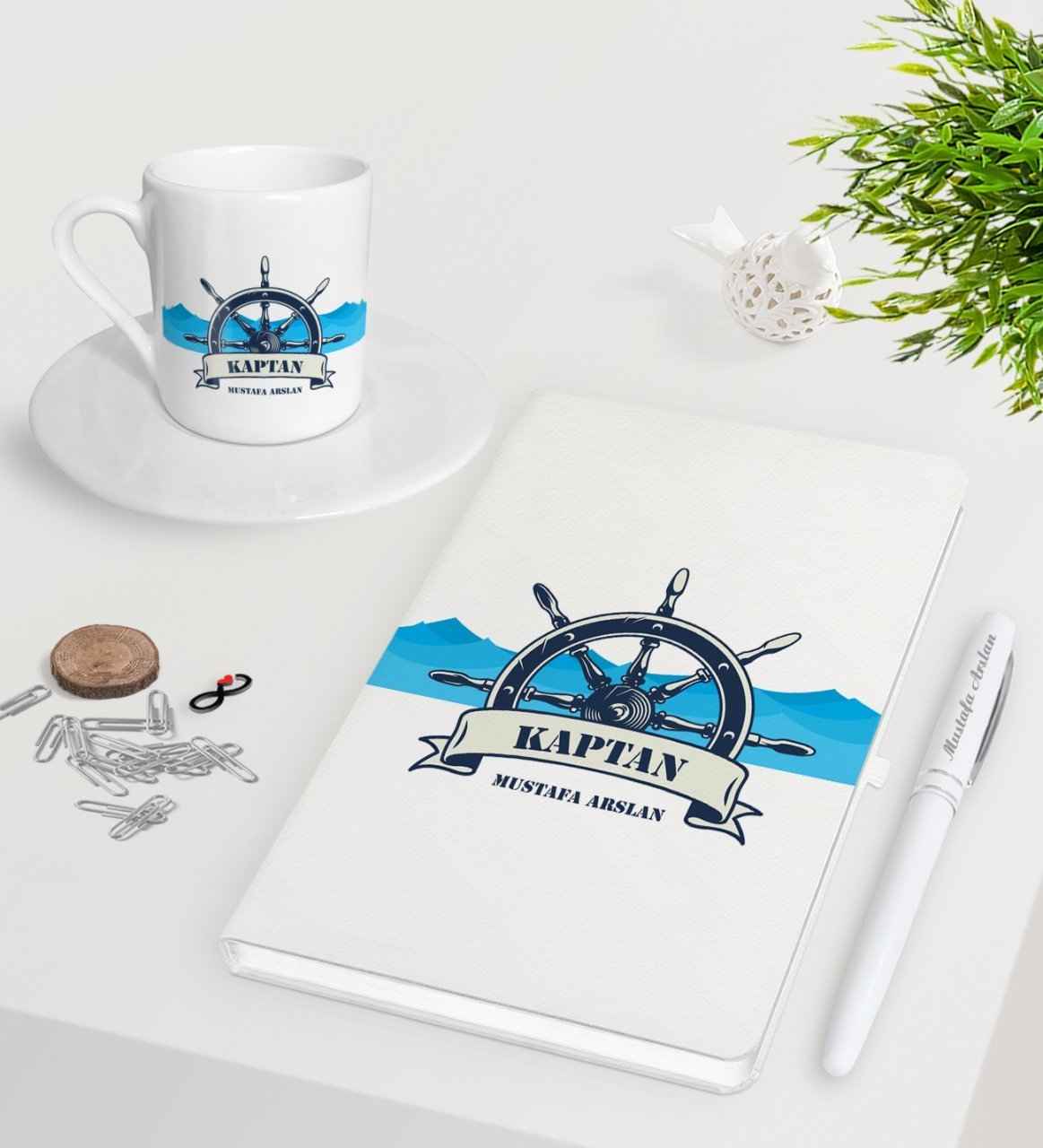 Kişiye Özel Kaptan Beyaz Defter Kalem Türk Kahvesi Fincanı Seti-9